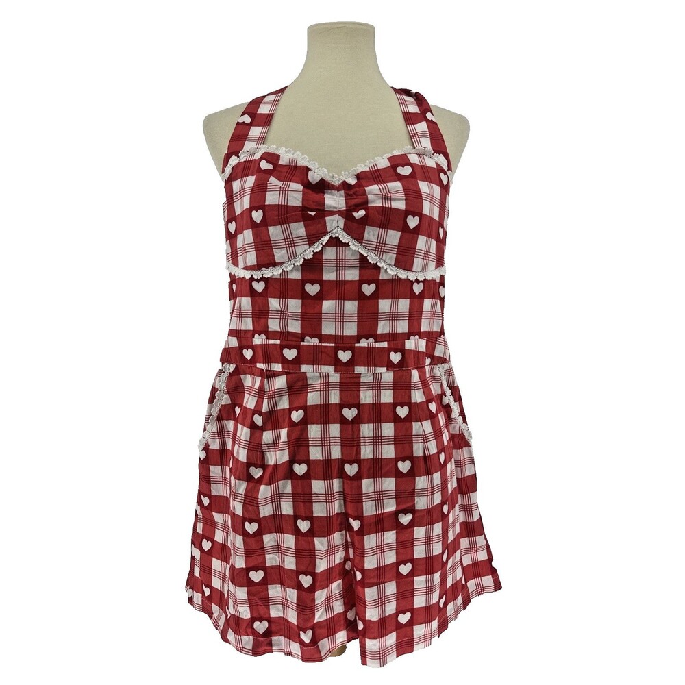 Plaid Heart Print Vintage Inspired Halter Romper Sheen Sz 10
